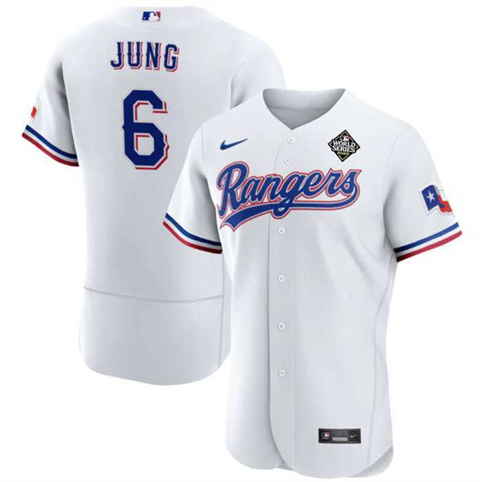 Mens Texas Rangers #6 Josh Jung White 2023 World Series Flex Base Stitched Baseball Jersey Dzhi->texas rangers->MLB Jersey